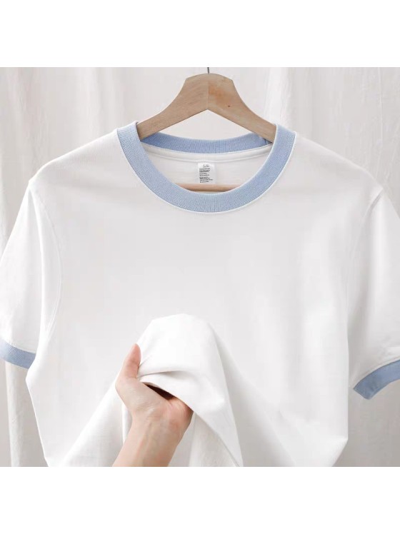 White Crew-neck T-shirt with Blue Trim Enhypen-Sunghoon Inspo