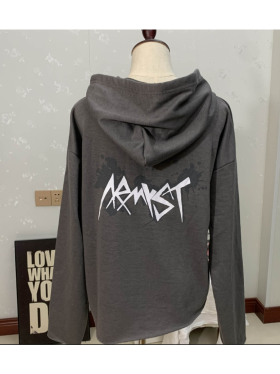 Letter-Print Hooded Cardigan Sweatshirt kpop Inspo Outfits