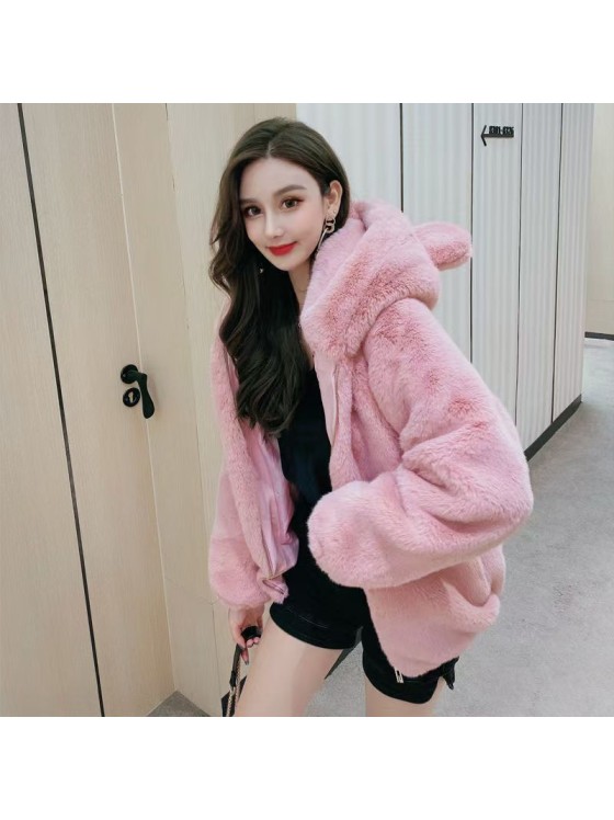 Black/White Hooded Lamb Wool Jacket Stray Kids -KPOP Inspo Outfits