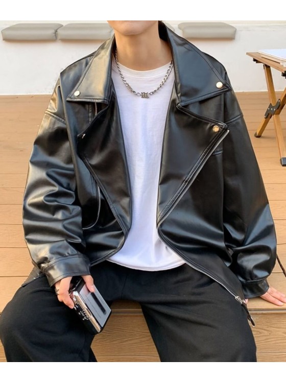 Black Faux Leather Motorcycle Jacket Stray Kids - KPOP Inspo Outfits