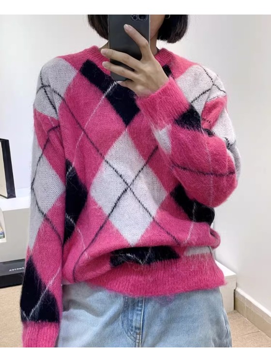 Pink Plaid Knit Sweater   Stray Kids - KPOP Inspo Outfits