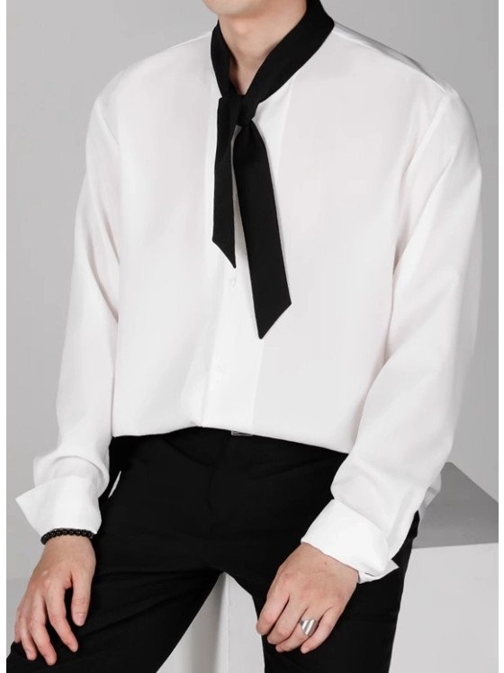 White Tie Collar Long Sleeve Shirt Stray Kids- KPOP Inspo Outfits