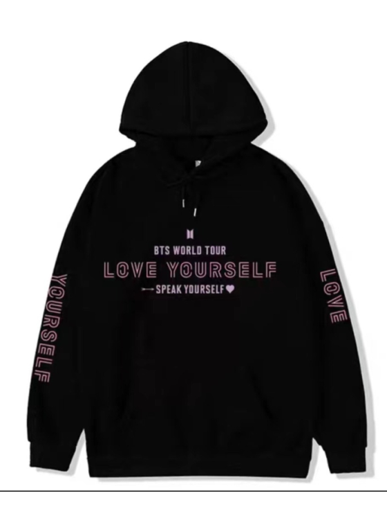 Black lettered long-sleeve hooded sweatshirt BTS KPOP Inspo Outfits